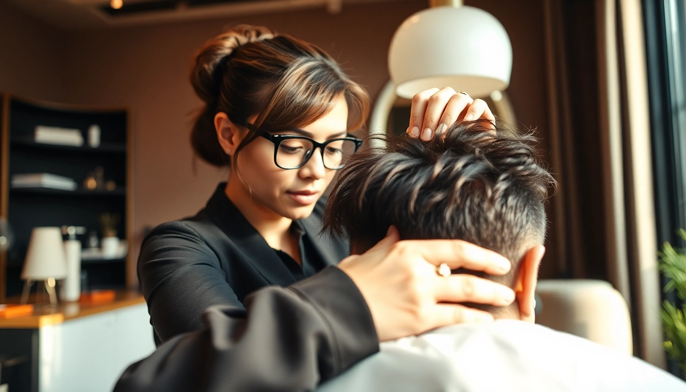 Ace of Fades 212 hair replacement specialist applying a custom hair system in a modern studio.
