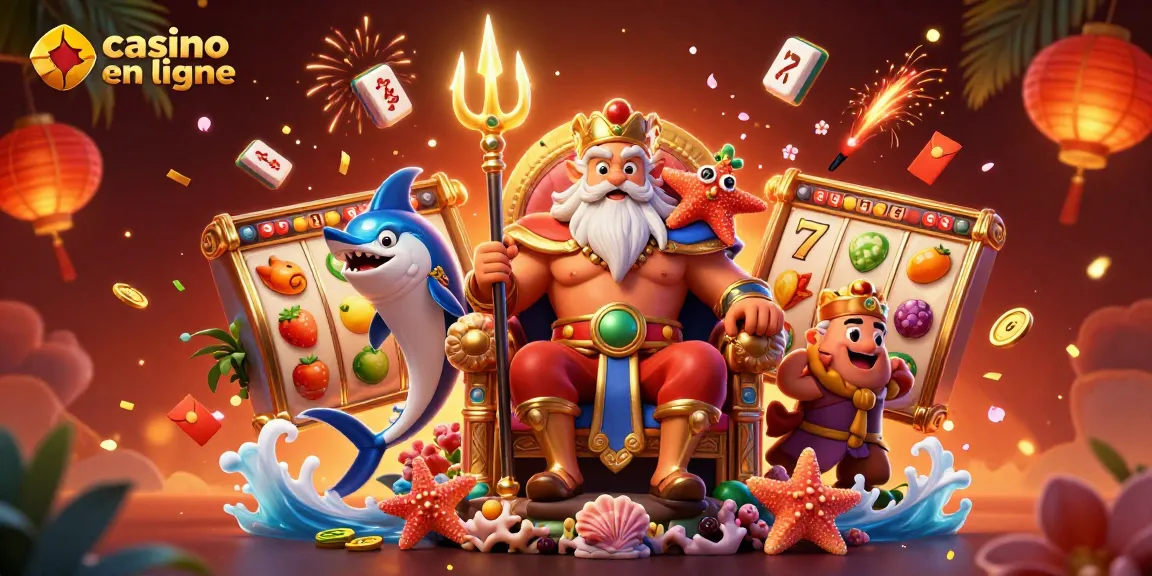 Jouer au casino en ligne avec le roi Neptune entouré d'éléments ludiques et festifs.