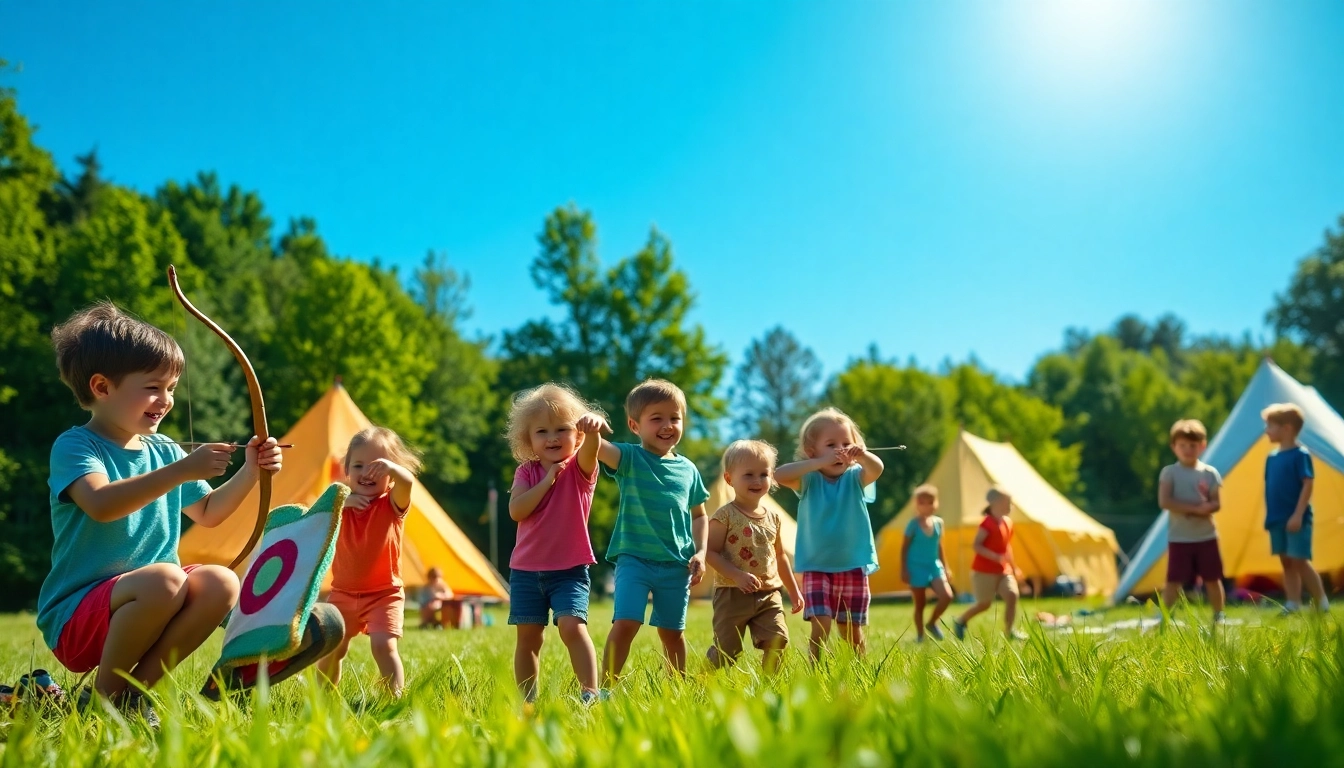 Children enjoying fun activities at a summer kids camp surrounded by nature.