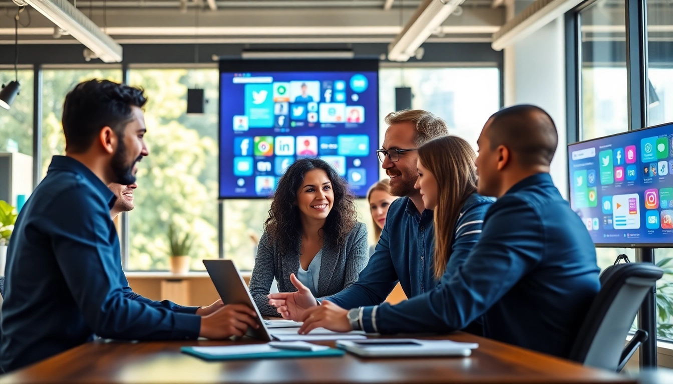 Engaging visual of social media marketing edmonton team collaborating in a modern office.