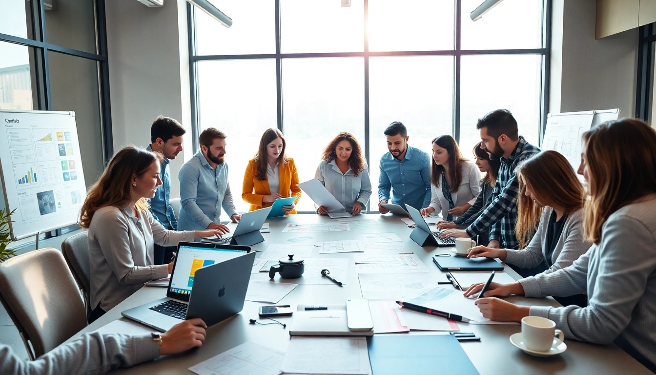 Webdesign Agentur Team bei der Arbeit in einem modernen Büro mit kreativen Designprojekten.