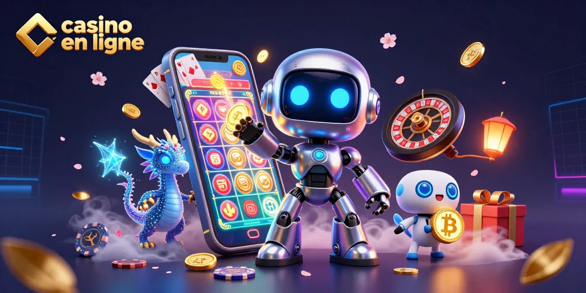 Jouez sur un casino en ligne avec des robots et des symboles de gains animés dans une scène dynamique et colorée.