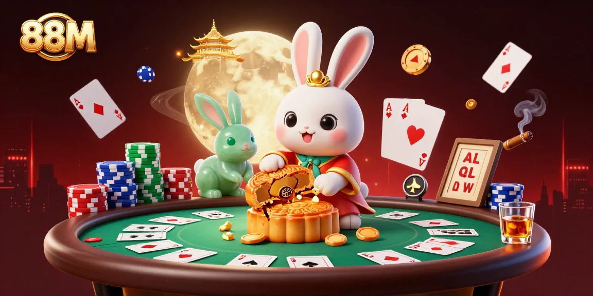 Experience exciting gameplay at 88M as the moon rabbit reveals poker chips from mooncakes amidst vibrant casino elements.