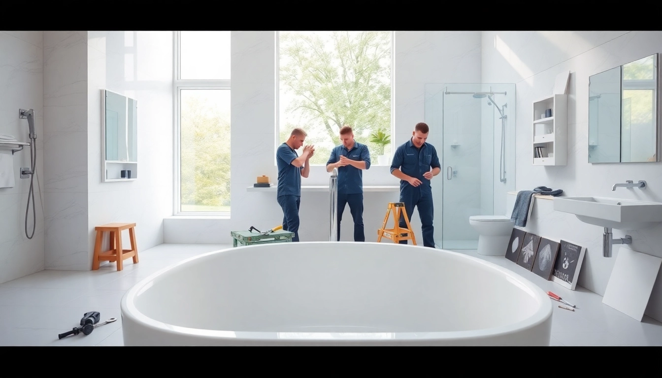 Sonni sanitär GmbH Technicians installing a modern bathroom with elegant fixtures.