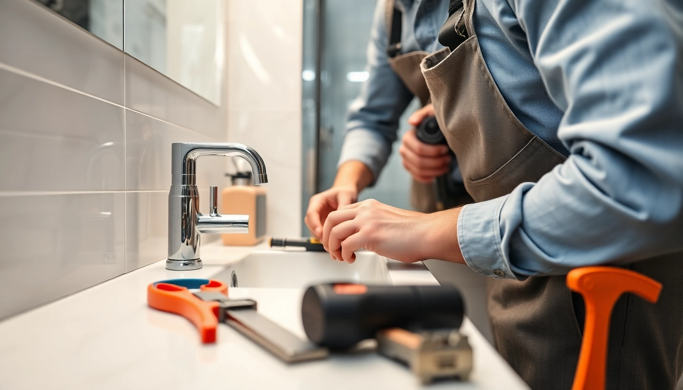 Find a reliable plumber near me installing a modern bathroom sink.