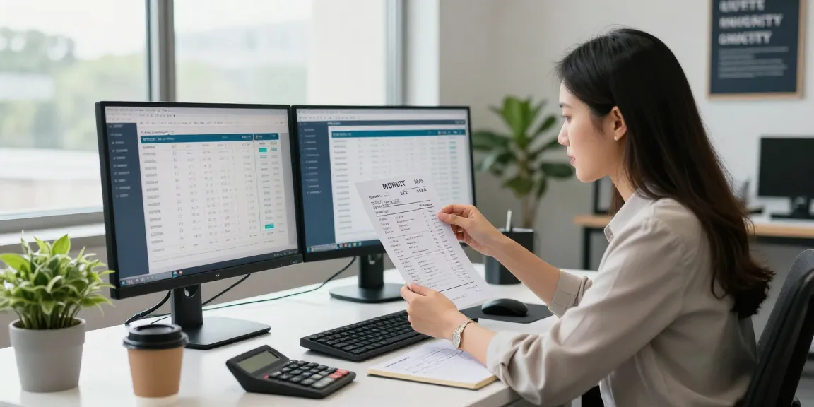Professional setting where an analyst detects fake receipt using advanced verification software on dual monitors.