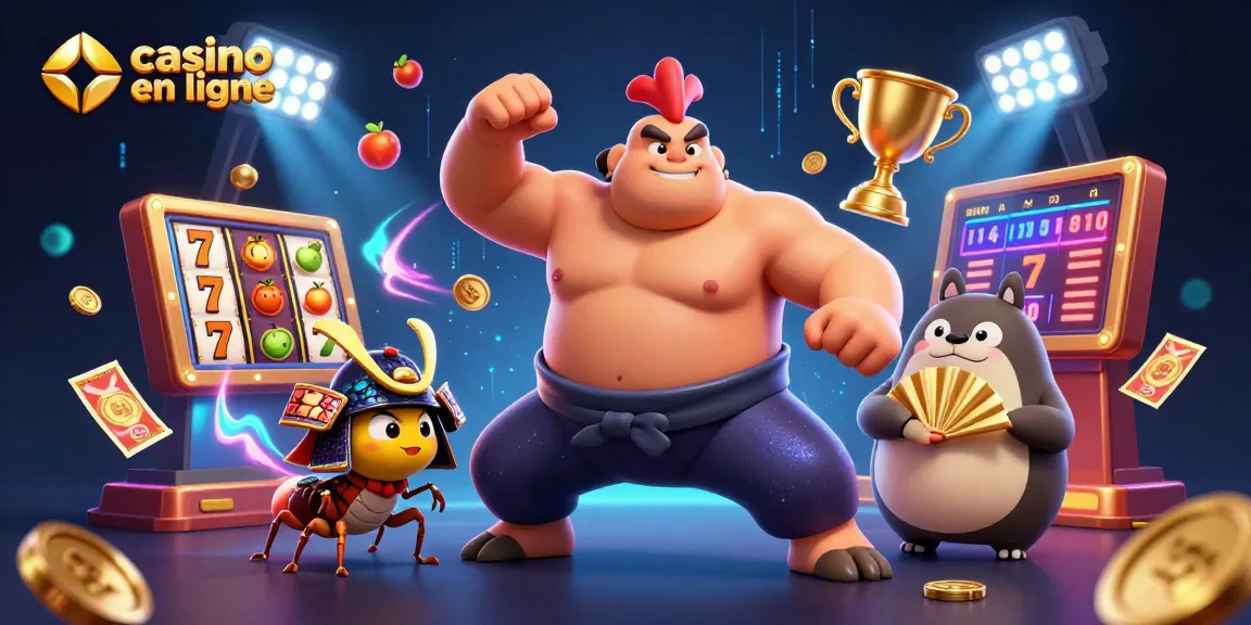 Un coq sumo imposant et un criquet en samouraï dans un casino en ligne dynamique avec des éléments de jeux