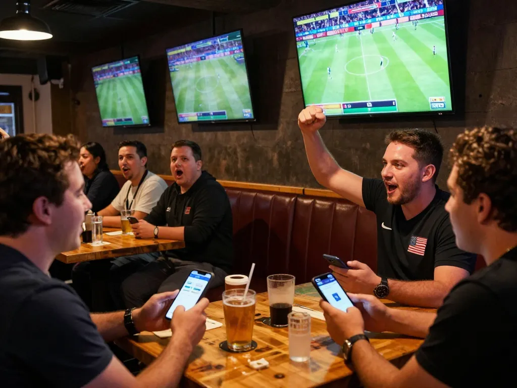 Engaged sports bettors using apps to place wagers at a sports bar, showcasing situs taruhan bola excitement.