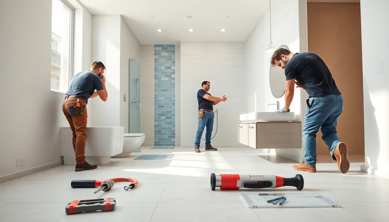 Bathroom installers demonstrating precision in a modern renovation project.