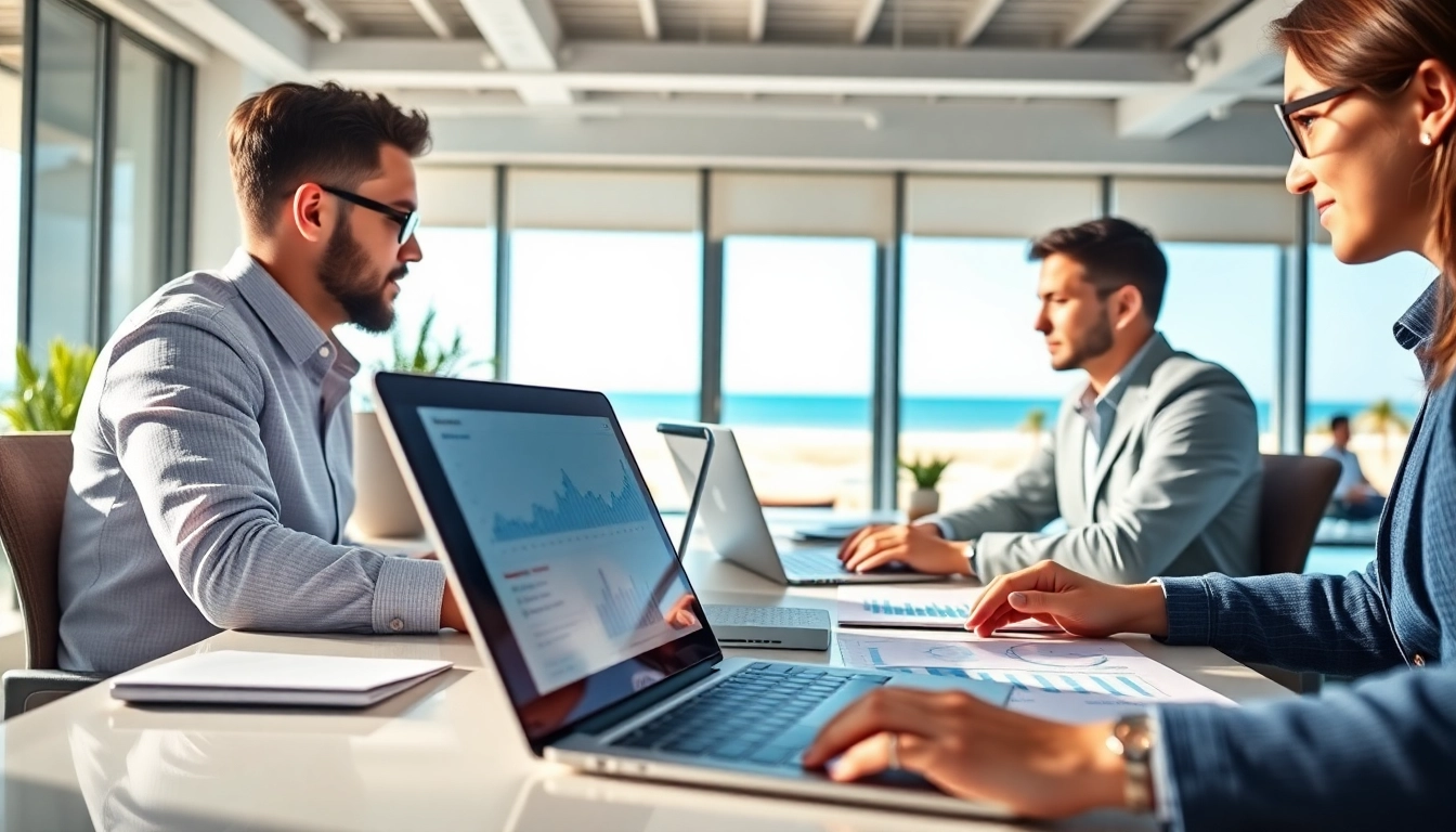 Optimize Clearwater FL SEO strategies with a professional team analyzing data in a modern office.