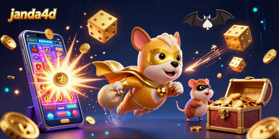 Janda4d, merayakan kemenangan dengan jackpot dari mesin slot dan banyak koin emas mengelilingi permainan.