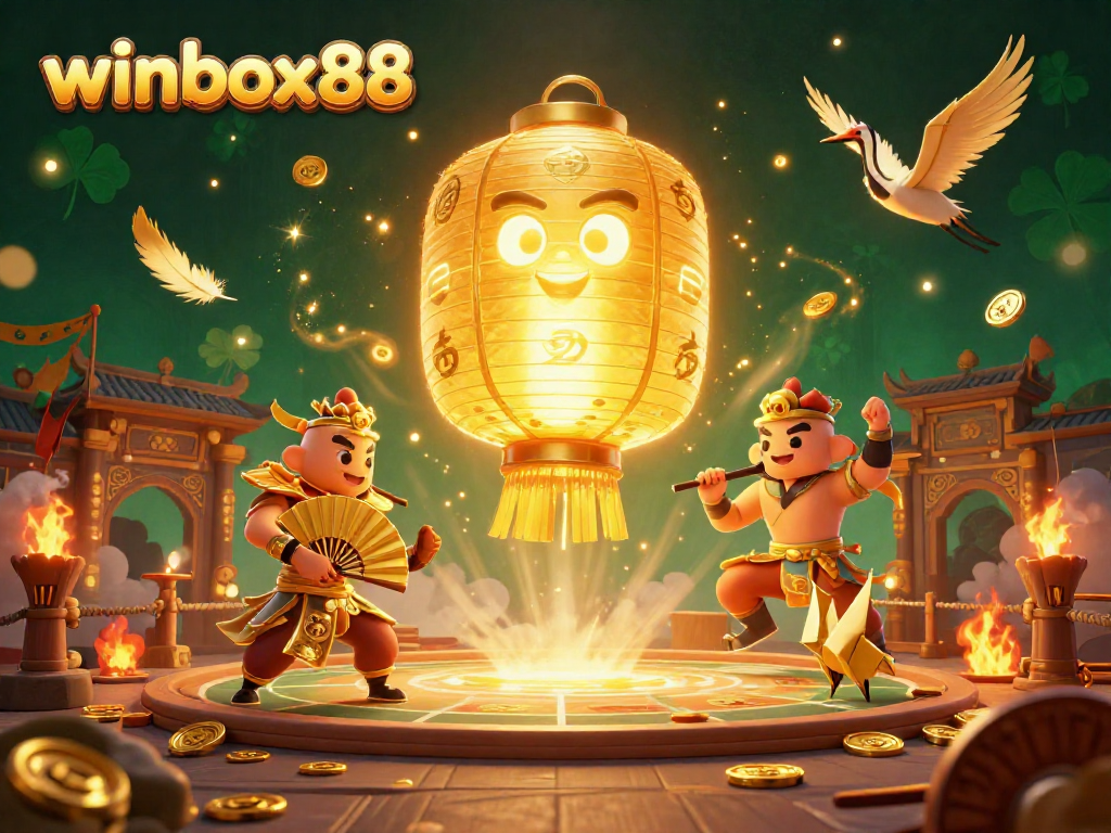 Engage with winbox88 through a vibrant casino scene filled with golden lantern spirits and dynamic game elements.