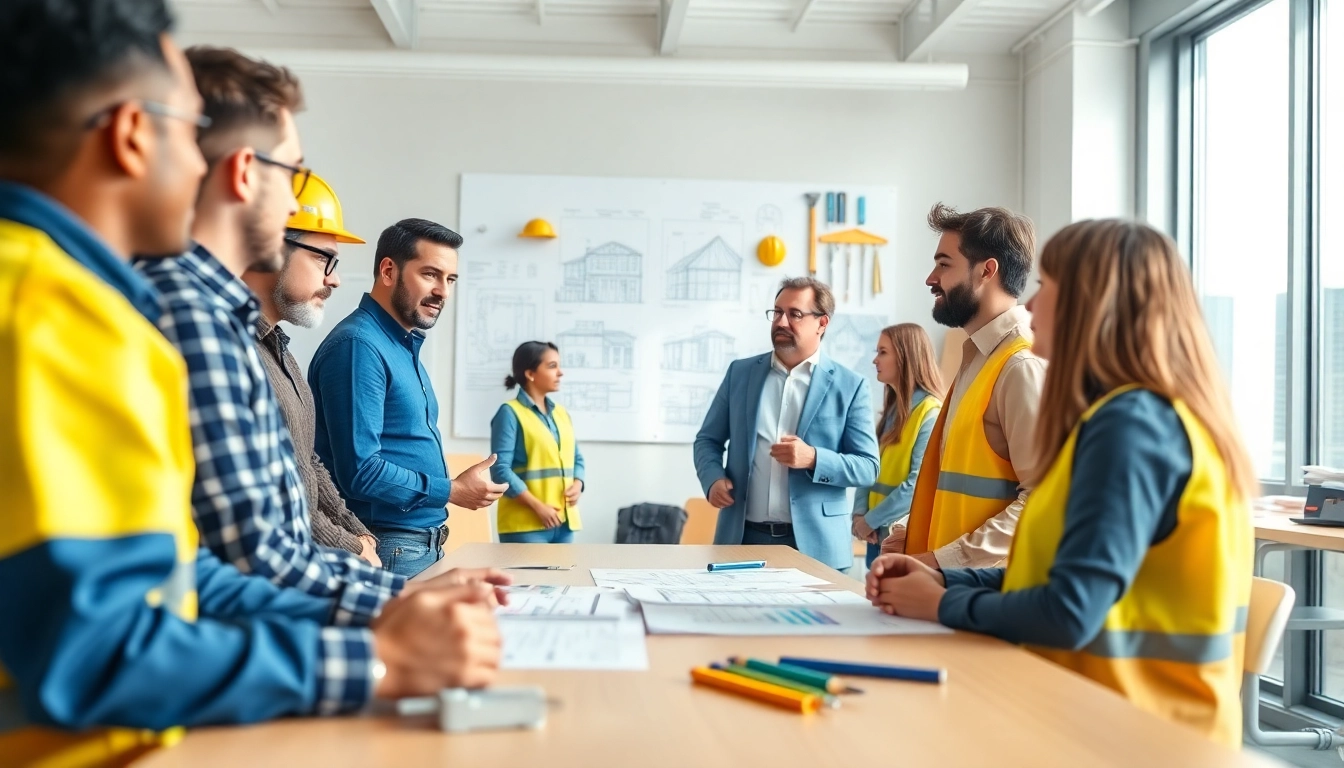 Engaged trainees in a construction management training session discussing project strategies.