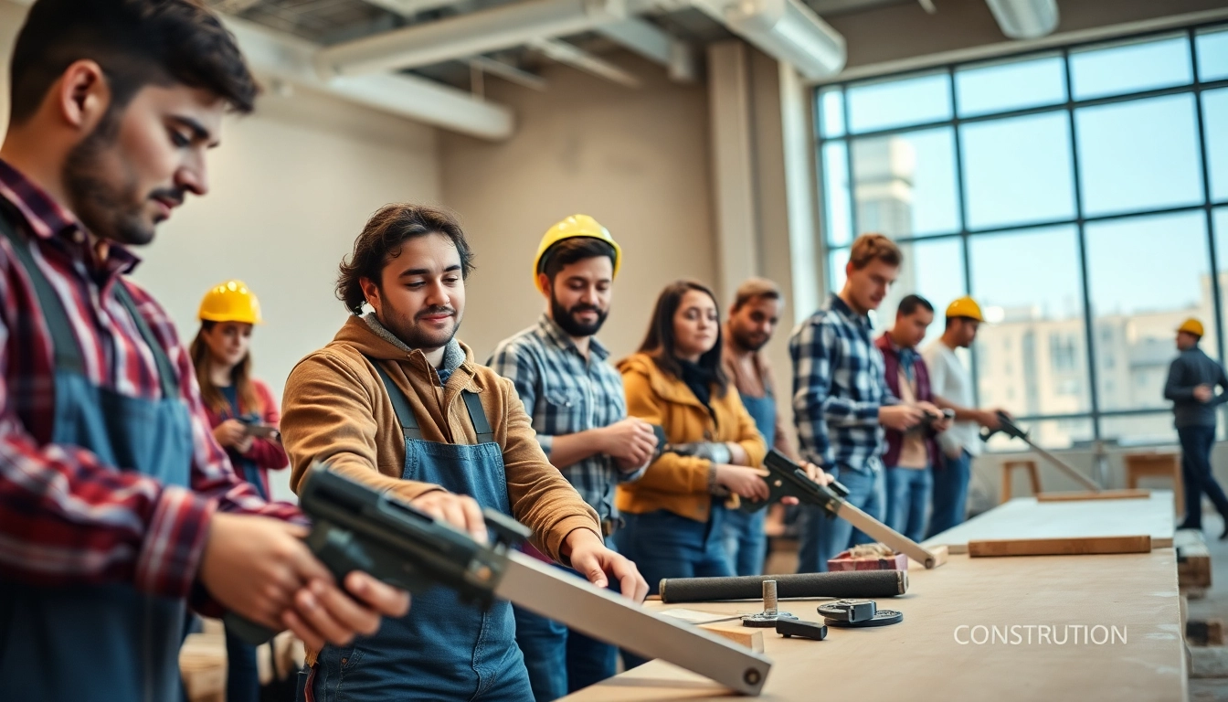 Engaged trainees in construction training programs practice skills with tools in a professional classroom.