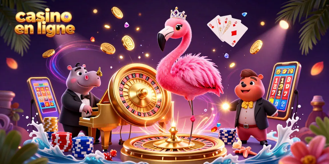 Vibrante scène avec un flamingo chantant au piano pour le casino en ligne, avec des éléments de jeu colorés.