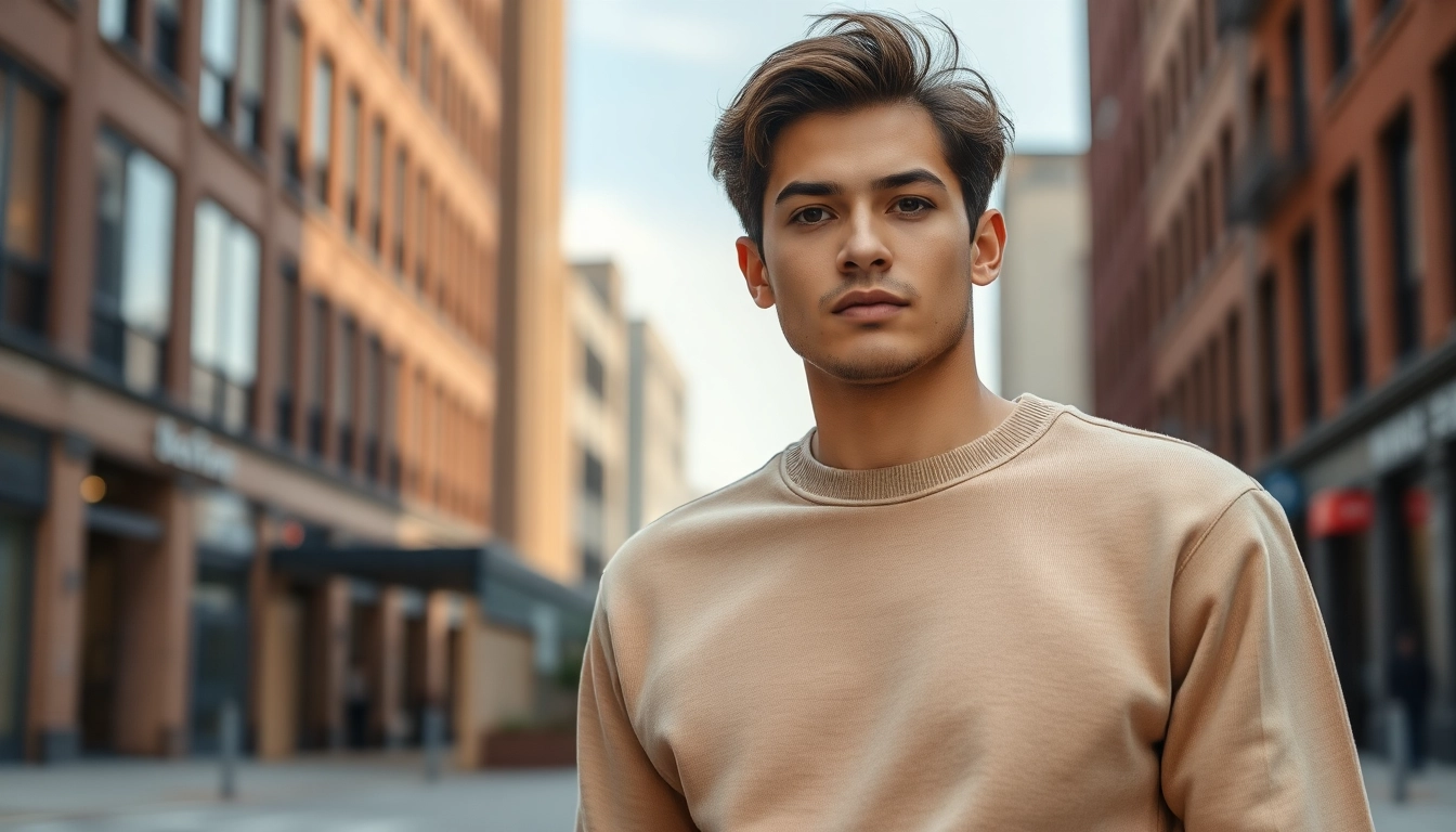 Model showcasing a blank crewneck in a stylish urban environment with relaxed vibes.