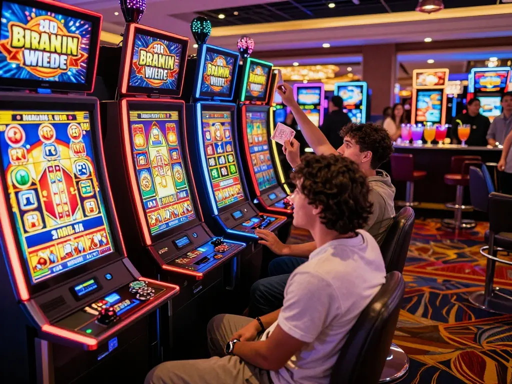 Suasana kasino yang menarik menampilkan situs slot gacor dengan berbagai pemain merayakan kemenangan di mesin slot yang berwarna-warni.