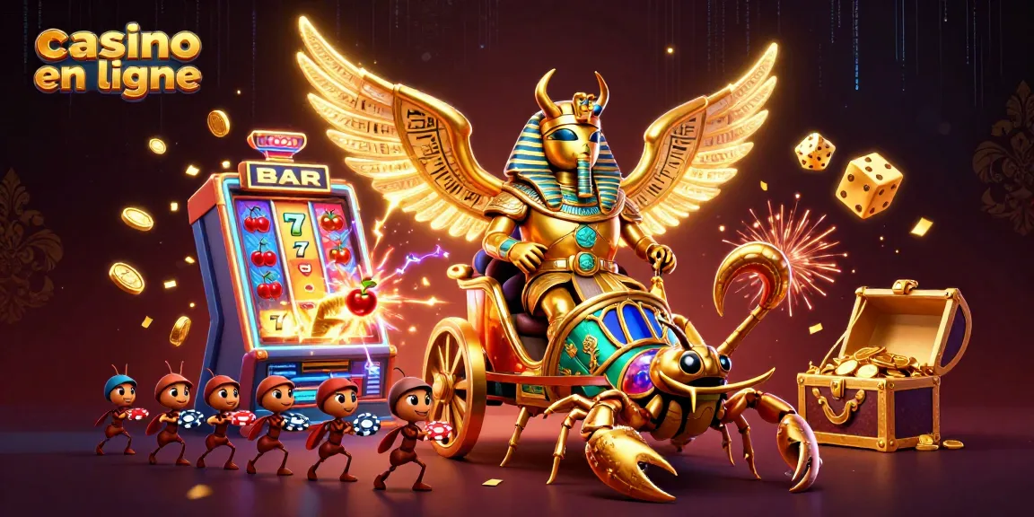 Plongez dans l'univers des casinos en ligne avec un scarabée colossal, chariots, et jackpots éclatants.