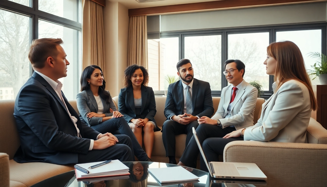 Mediation session in a professional setting with diverse participants engaged in discussion.