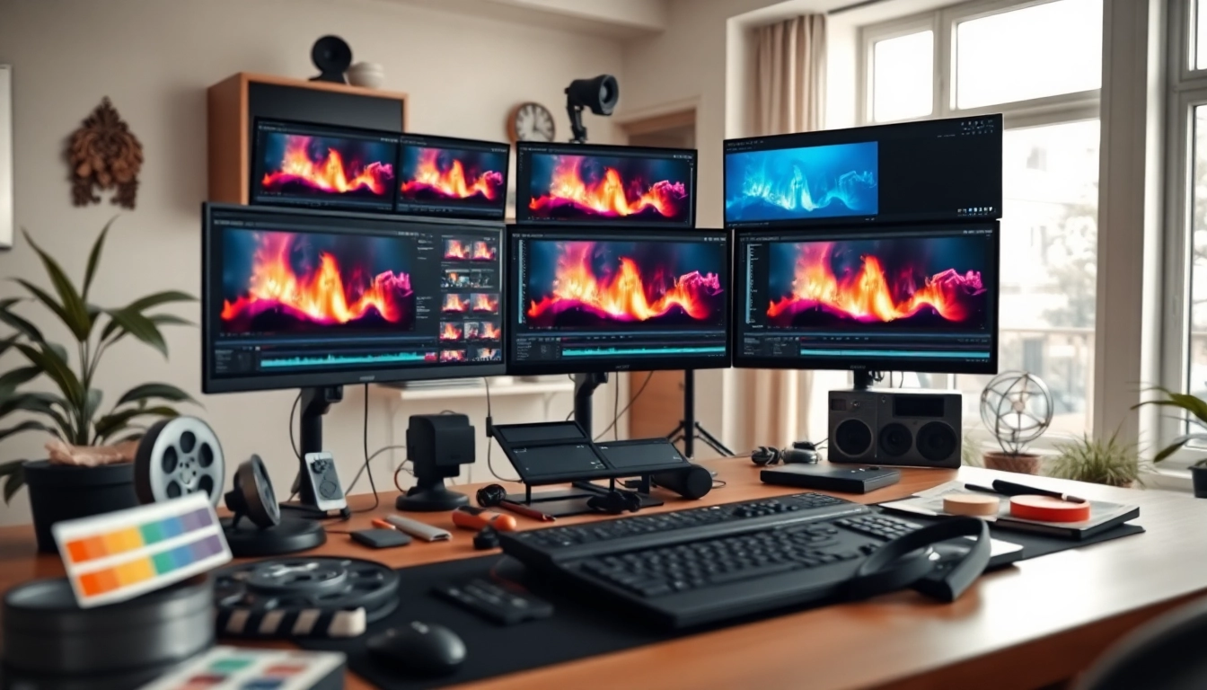 Showcasing a professional post-production & editing workspace with advanced tools and vibrant screens.