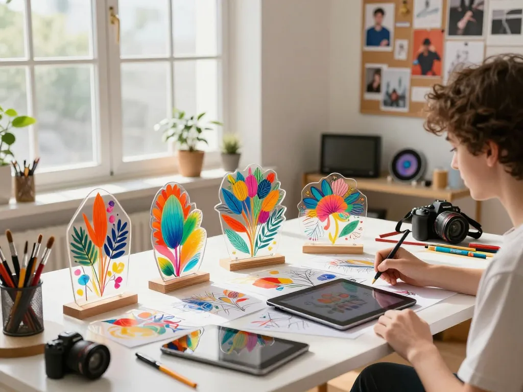 Custom acrylic standee collection displayed on a table, showcasing vibrant designs and artistry.