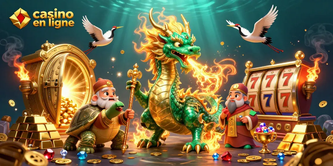 Casino en ligne : Dragon jade et sage tortue entourés de trésors lumineux.
