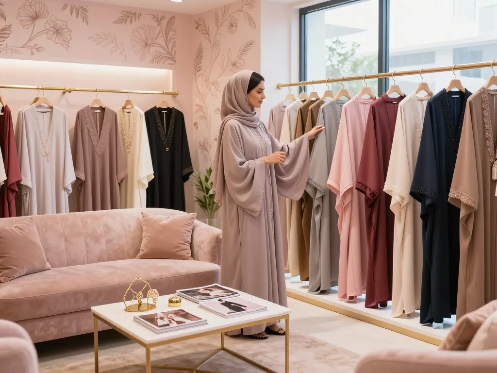Stylish abayas displayed in a chic boutique with a woman browsing