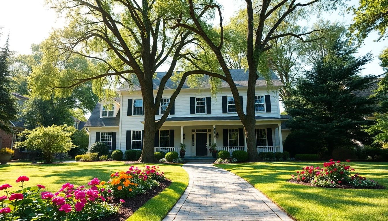Showcasing a colonial home build with enveloping gardens and inviting architecture.