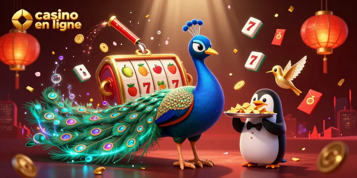 Illustration 3D représentant un casino en ligne avec un paon aristocratique et des éléments de jeu captivants.