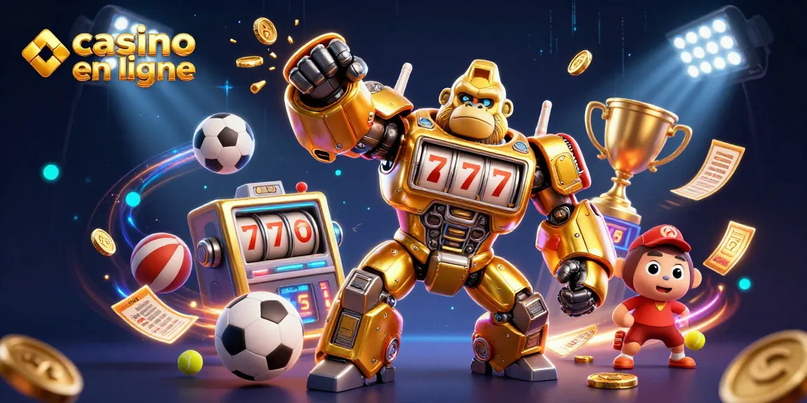 Visualisez une scène captivante de casino en ligne avec un gorille doré transformateur et des ballons sportifs flottants.