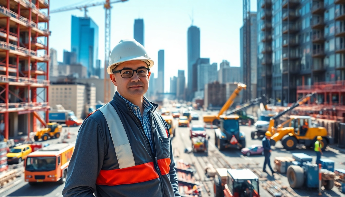 New York Construction Manager directing an urban construction site with teamwork and machinery.
