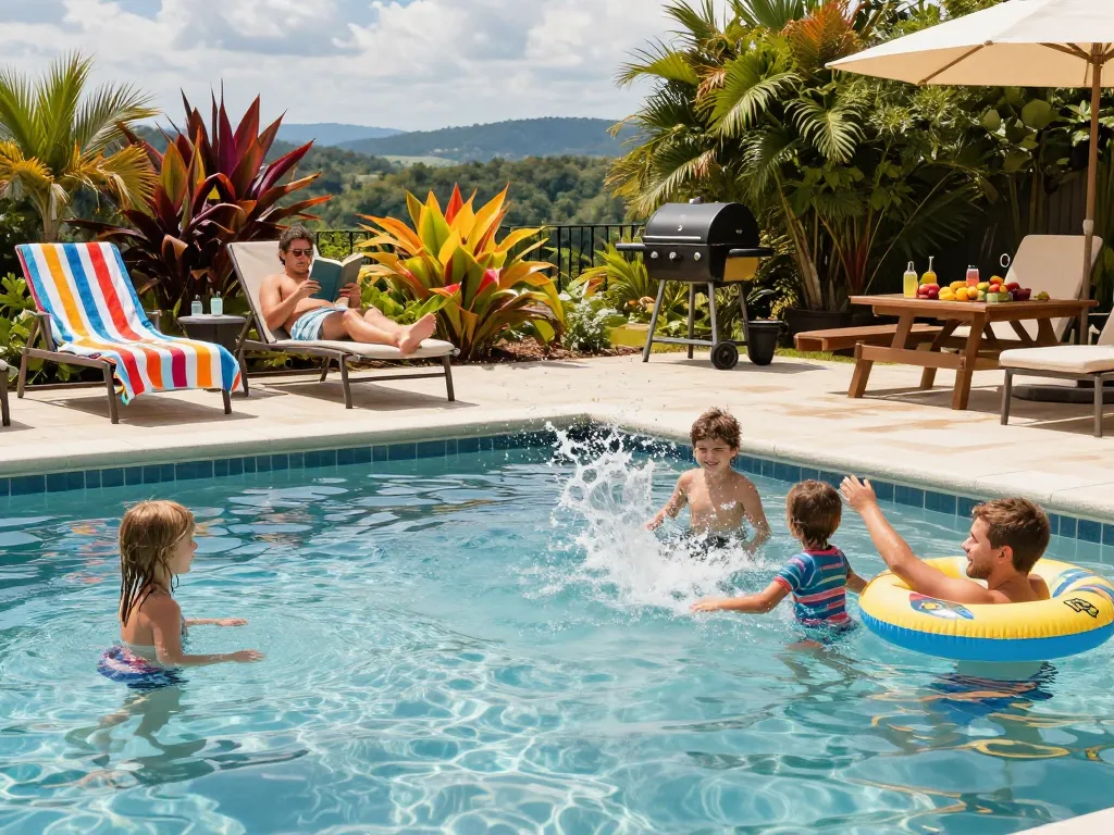 Dolphin Pool Services family enjoying a sparkling clean pool experience at their Virginia home, showcasing fun and relaxation.