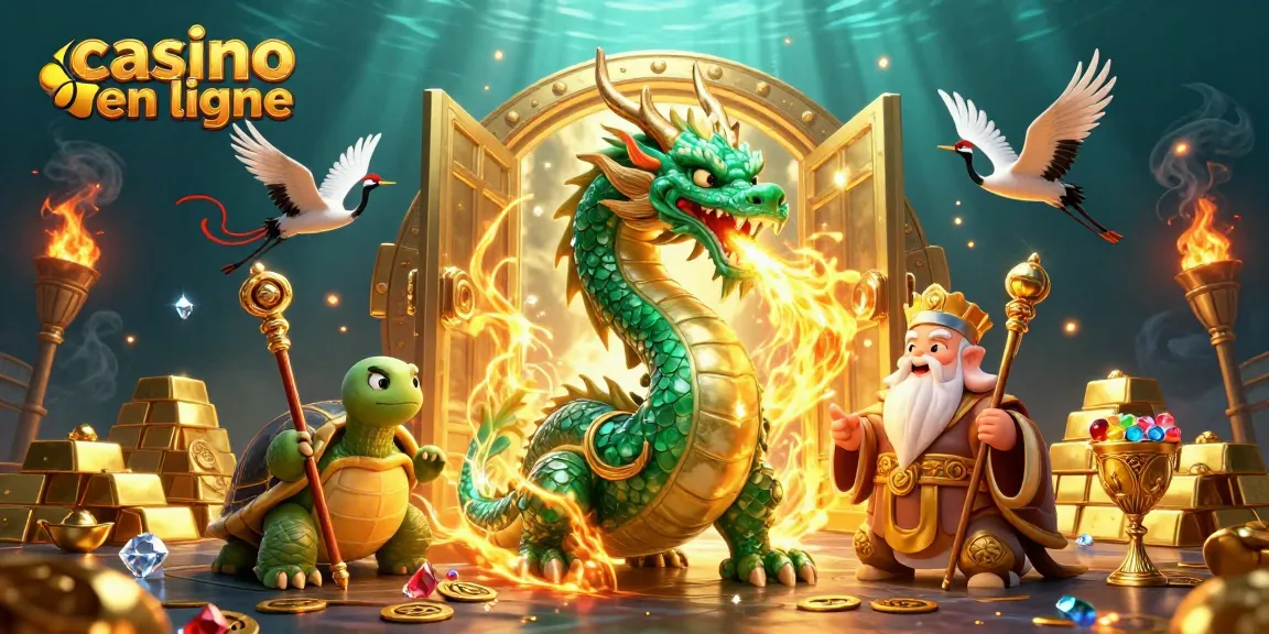 Plongez dans l'univers du casino en ligne avec un dragon émeraude et des trésors scintillants.