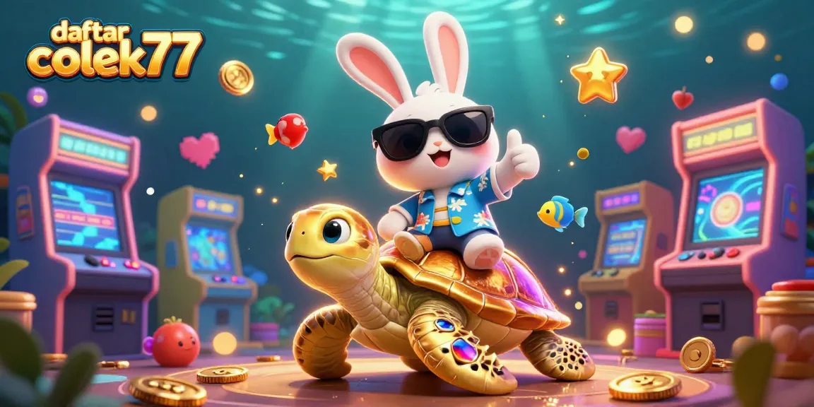 Engaging scene of daftar colek77 highlights a lucky rabbit and a sea turtle amidst vibrant casino elements.