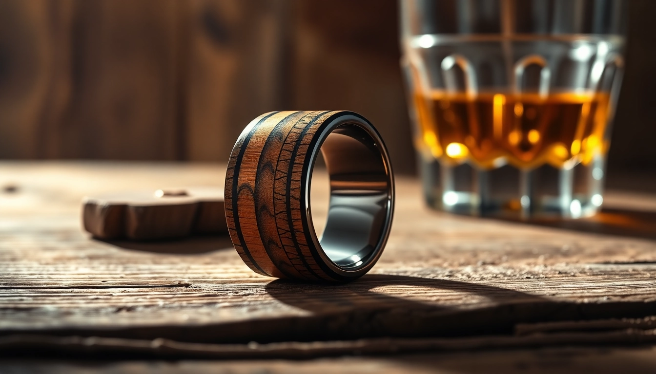 Showcase of Whiskey Barrel Wedding Bands with unique wood patterns and polished details.