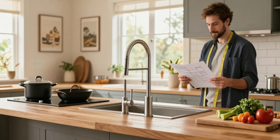 Modern kitchen faucets showcased in a bright kitchen with a designer evaluating the space.
