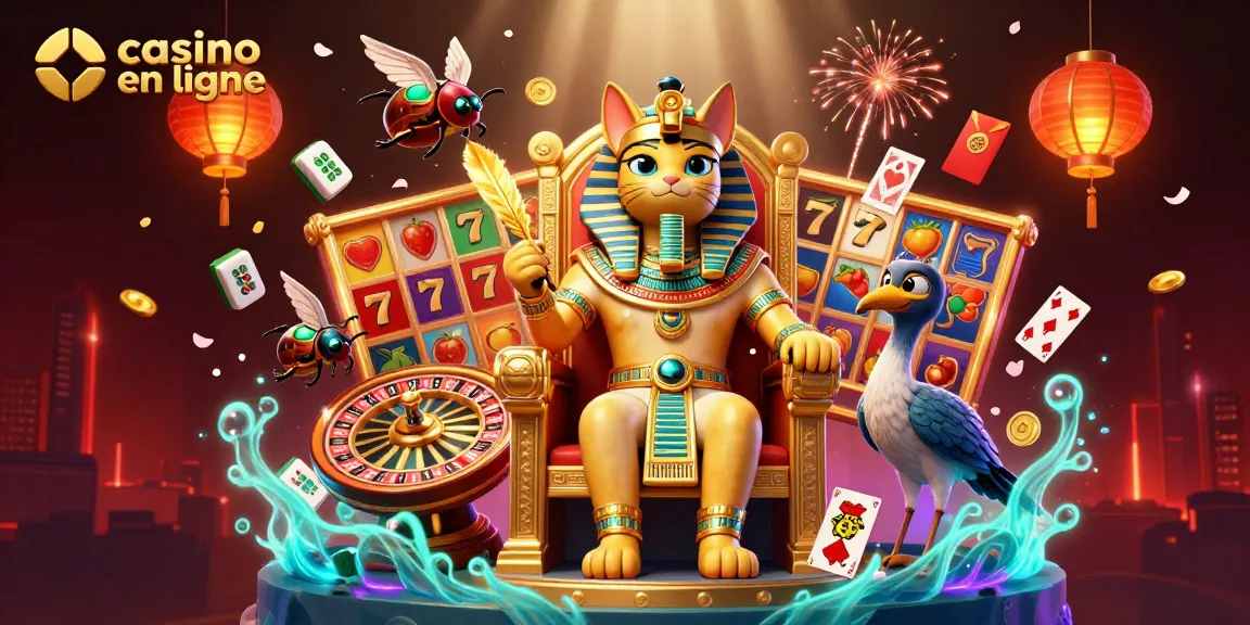 Illustration dynamique d'un casino en ligne avec un pharaon égyptien, des symboles de jeu et des lumières chatoyantes.