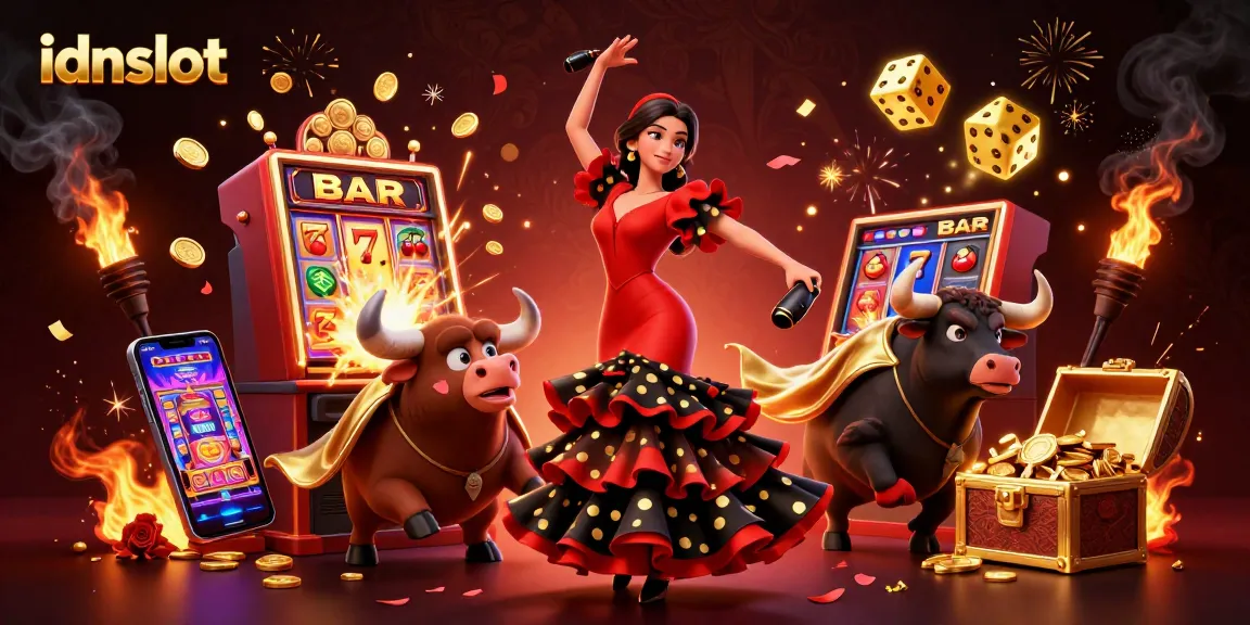 Engage in thrilling idnslot games with captivating visuals featuring a festive Spanish dancer and a bull.