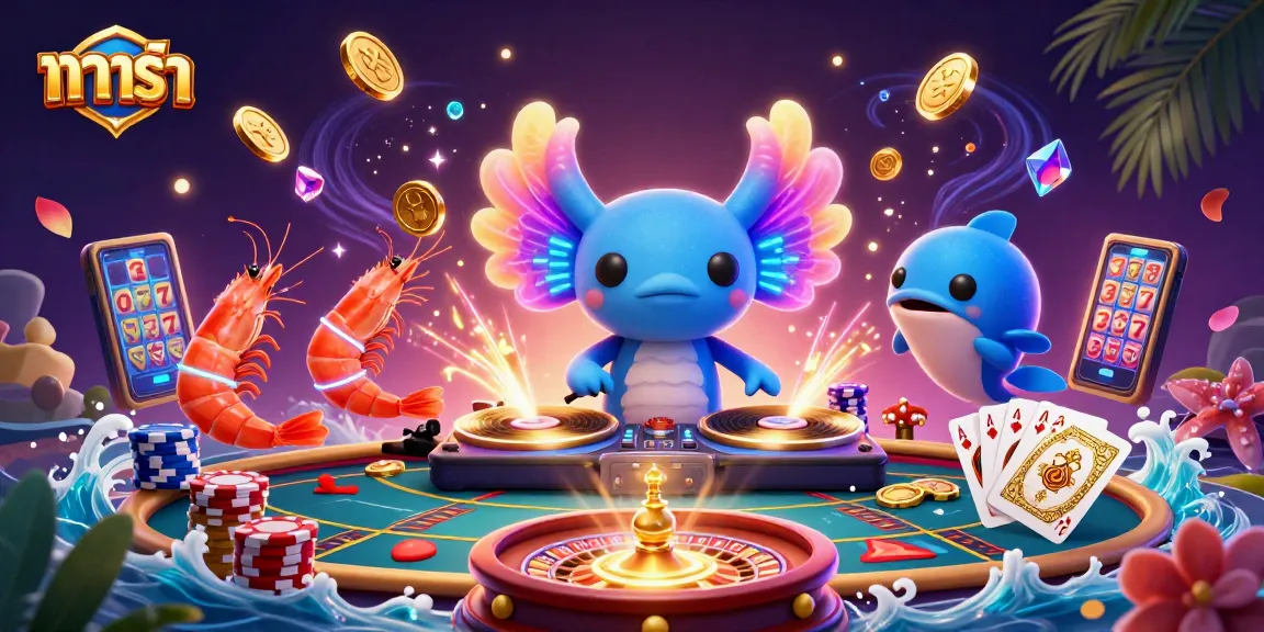 Baccarat table featuring vibrant cartoon characters, including an axolotl DJ, creating a lively casino scene...