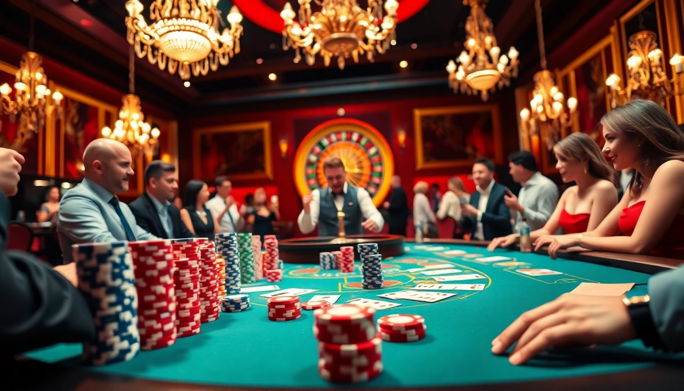 KPI4D gamblers enjoy intense action at a vibrant poker table, highlighting thrilling gaming moments.