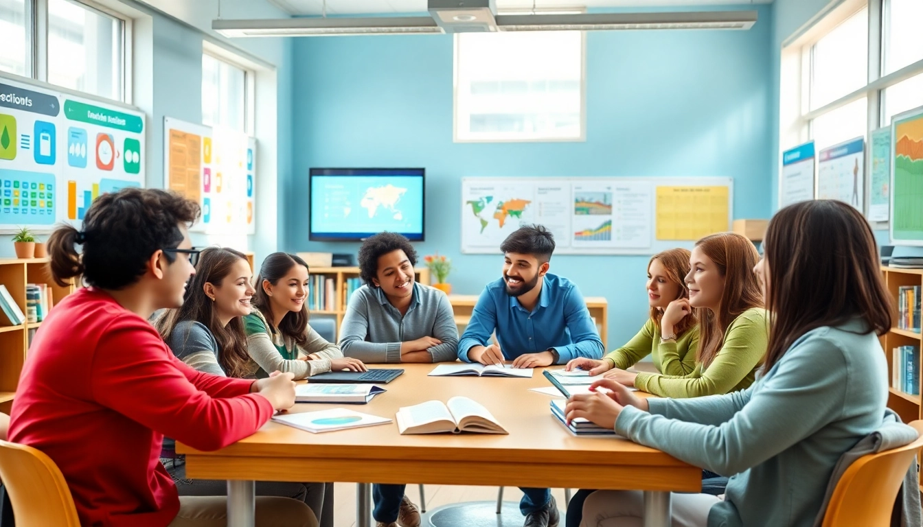 Education-focused classroom scene with diverse students collaborating.