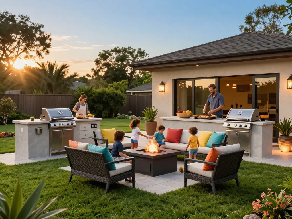 Outdoor living configurator showcasing a modern backyard with a family cooking and relaxing in a beautiful outdoor kitchen.