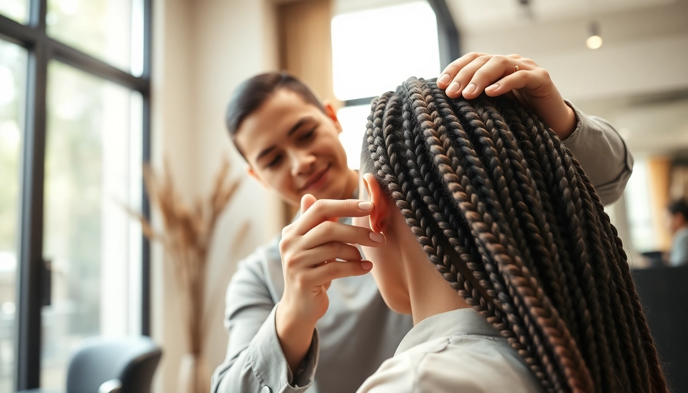 Sew in weft hair extensions are being expertly applied by a stylist in a bright salon.