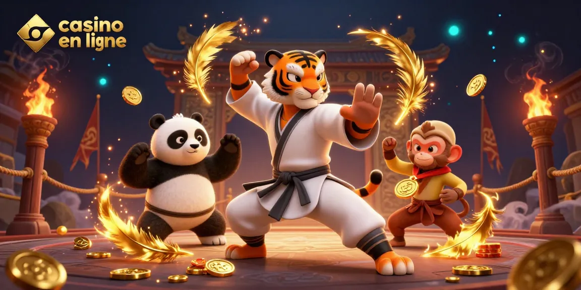 Casino en ligne : un tigre maître kung-fu effectue un mouvement, entouré de pièces d'or.