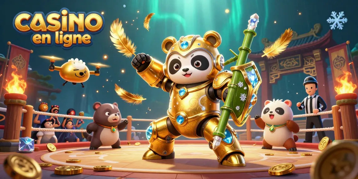 Illustration dynamique de casino en ligne avec un panda doré en armure mécanique et des éléments de jeu éparpillés.