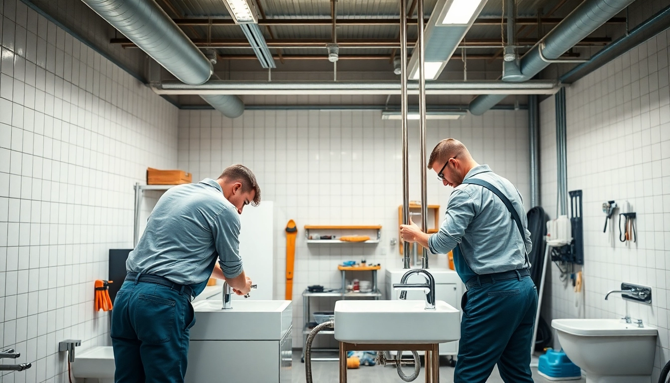 Technicians from sonni sanitär GmbH install modern bathroom fixtures in a clean workshop.
