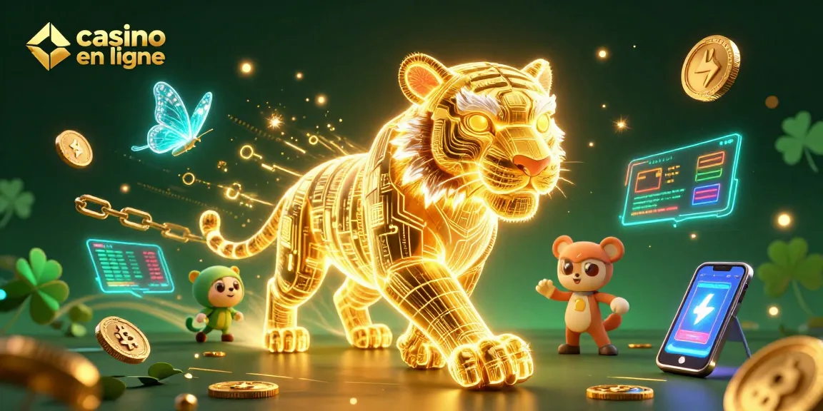Découvrez le monde vibrant du casino en ligne avec un tigre en néon et des compagnons holographiques.