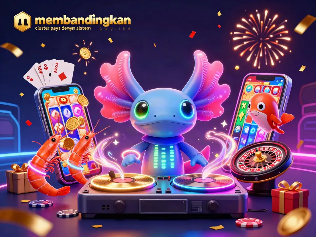 Membandingkan cluster pays dengan sistem payline, ilustrasi 3D gambar slot yang menampilkan karakter unik dan elemen permainan, merayakan kesenangan bermain.