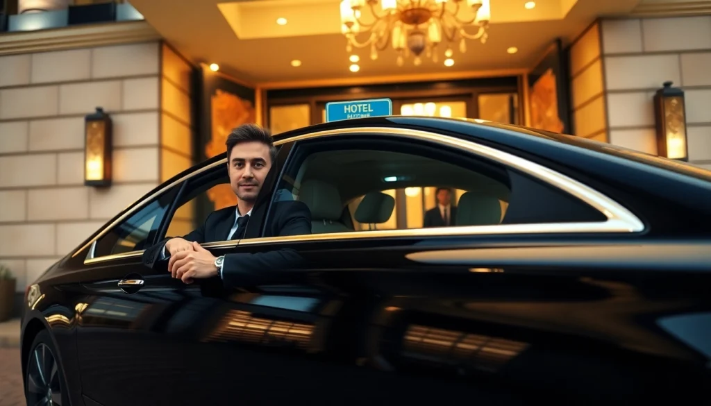 Luxurious Chauffeur Services Nottingham with a professional driver and elegant sedan at a hotel entrance.