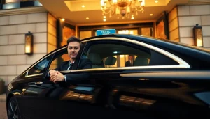 Luxurious Chauffeur Services Nottingham with a professional driver and elegant sedan at a hotel entrance.